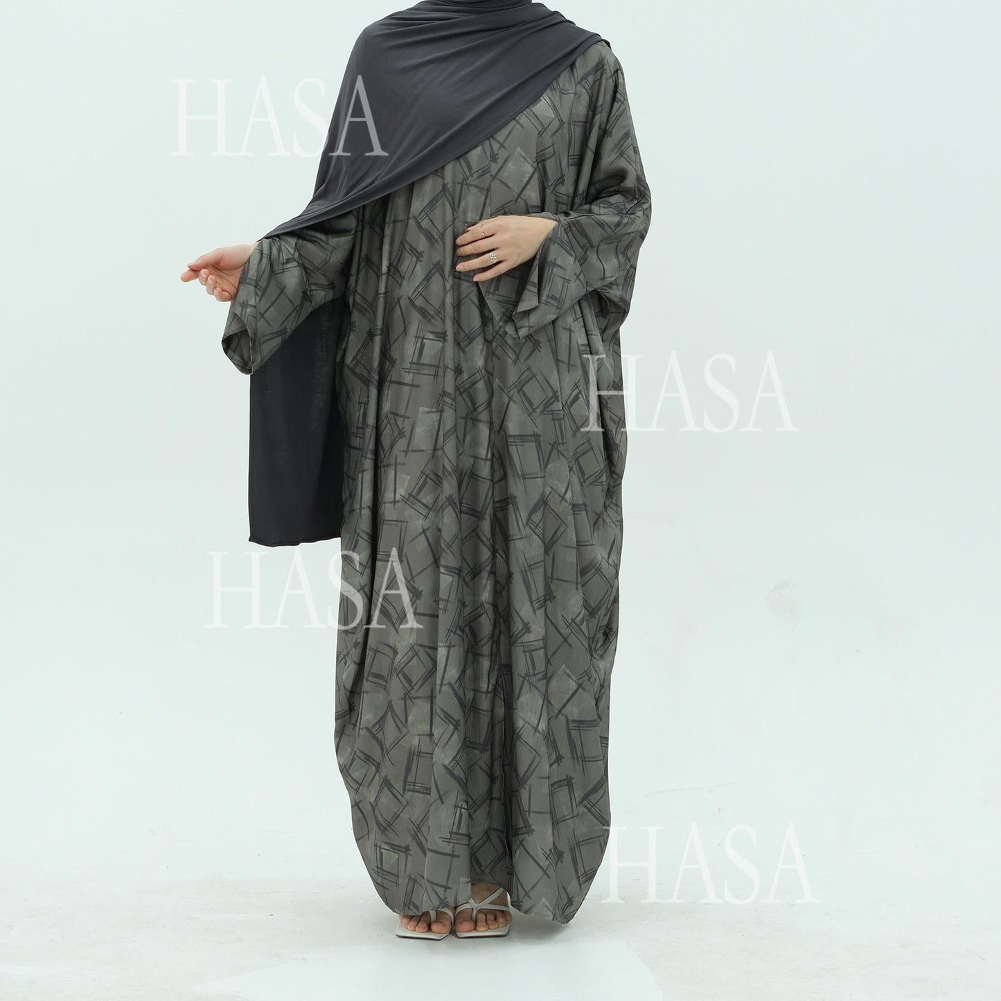 HA6504 Grey geometric print long cardigan Abaya (headscarf not included)