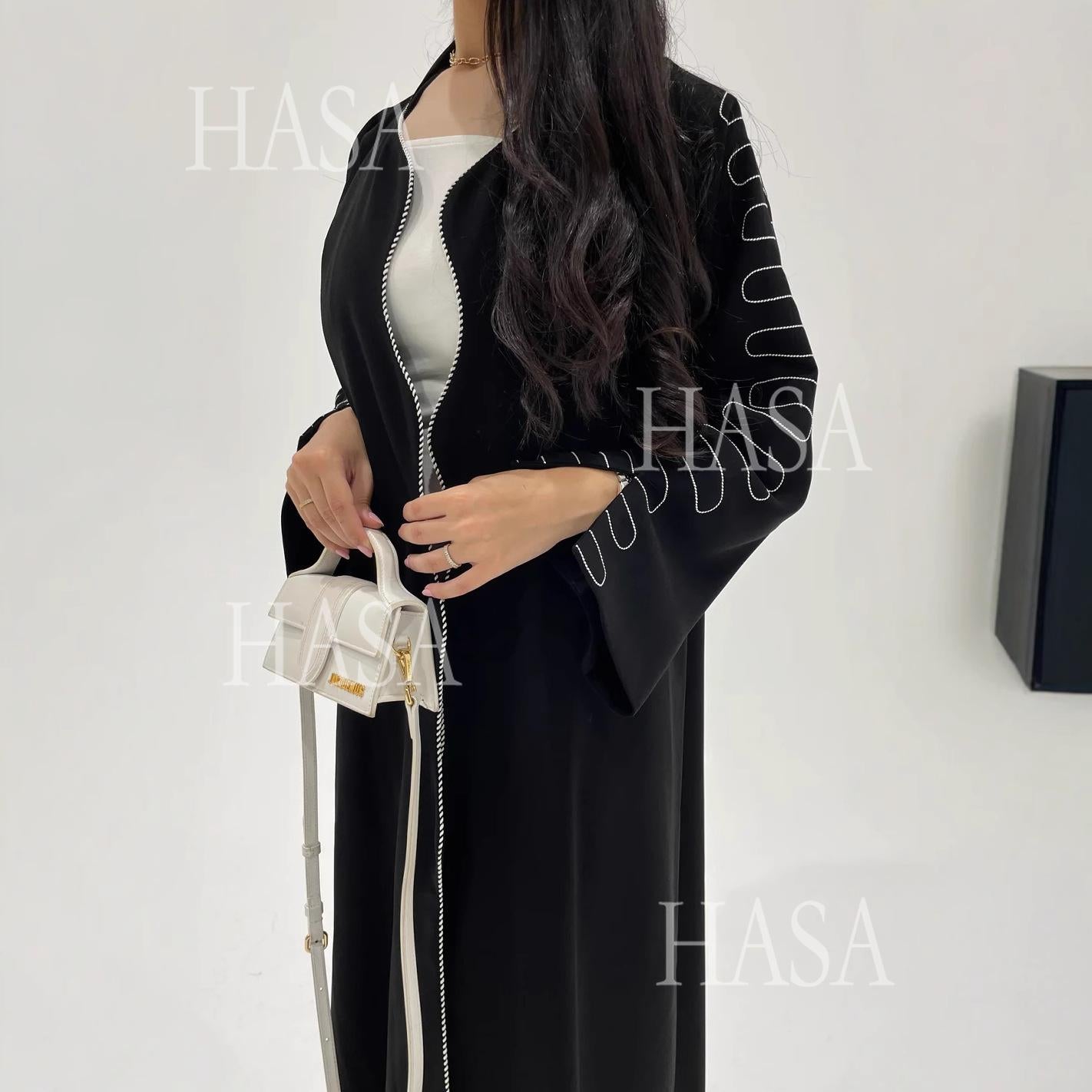 HASA's Series HA6582 Abaya Women's Long Embroidered Cardigan Jacket with Wavy Edges