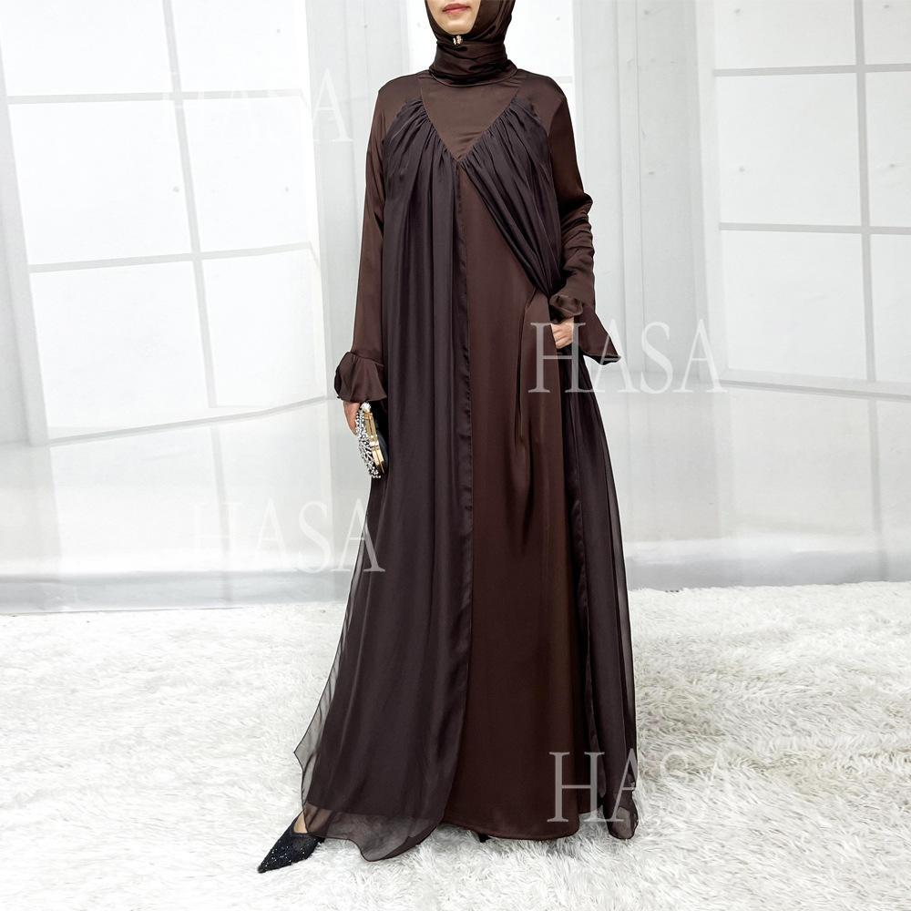 HS5858 Elegant Bright Satin Robe (without Headscarf), Clever Splicing Creates Multi-faceted Charm
