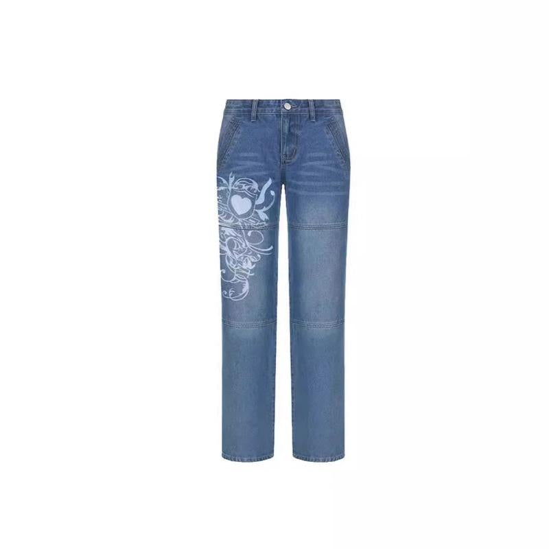 HA6382 Street Style Women's Clothing Irregular Printing Loose Trousers Low Waist Folds Washed for Old Multi-colored Jeans