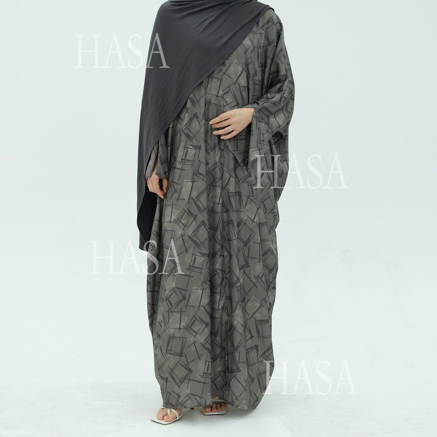 HA6504 Grey geometric print long cardigan Abaya (headscarf not included)