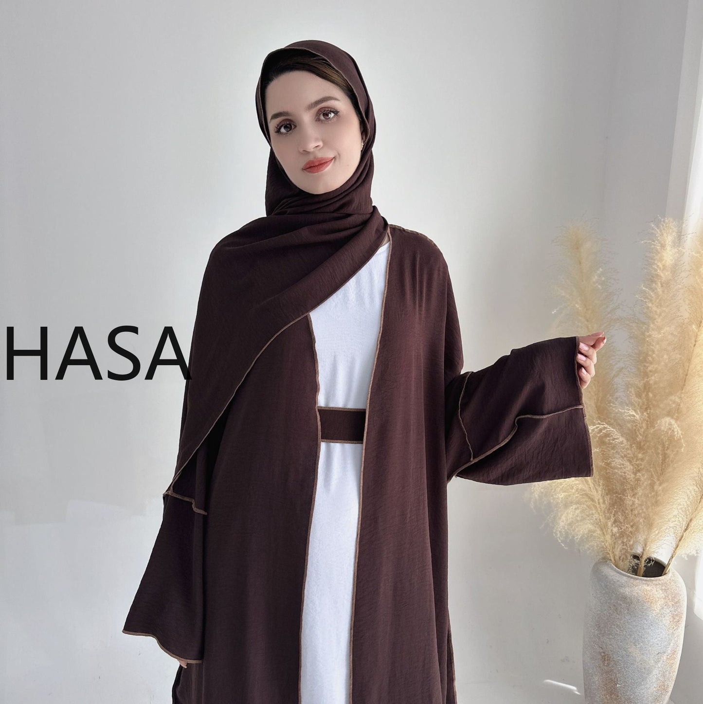 HASA HA1246H 2 PCS SET Crepe Solid Color Loose Hem Cardigan Robe with Hijab