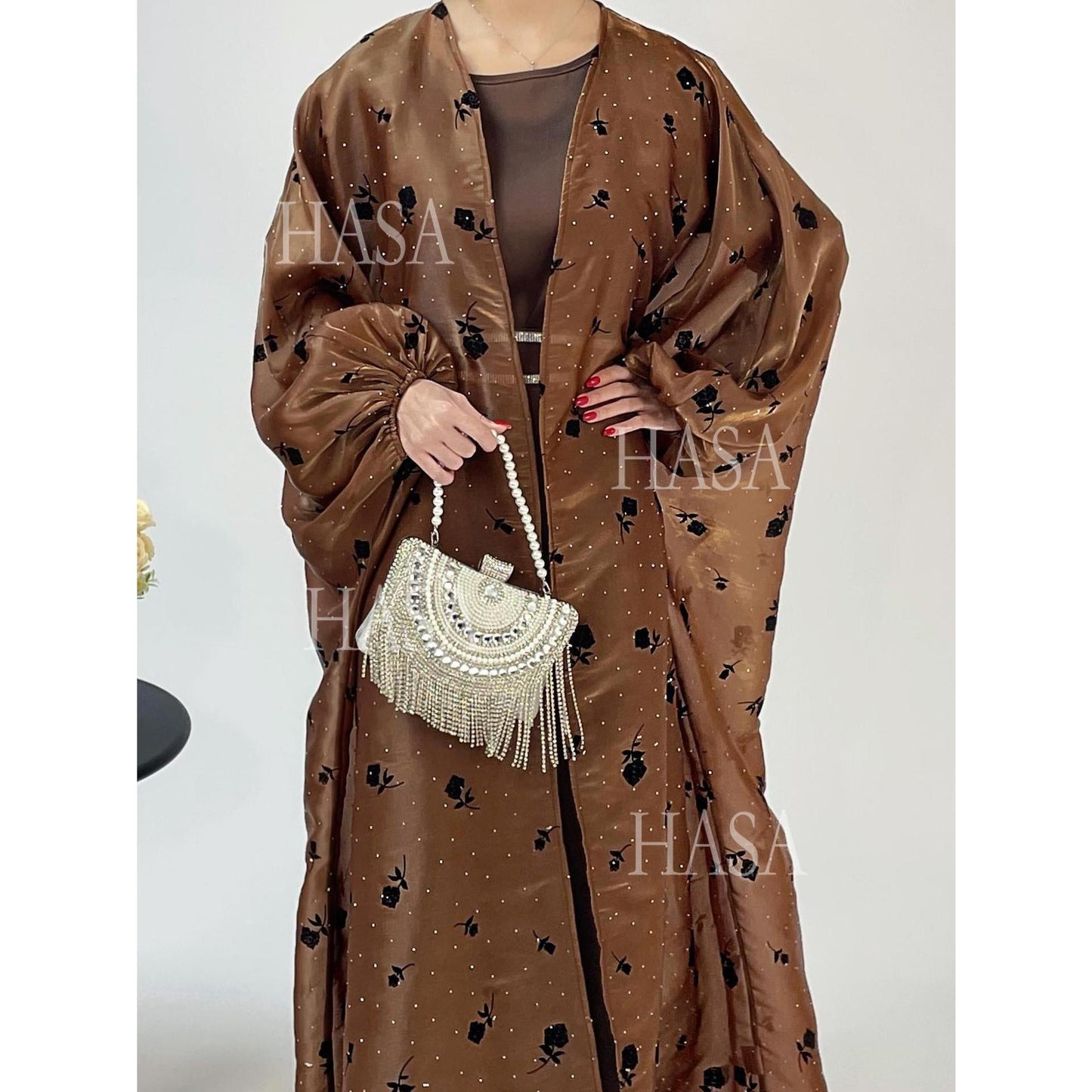 HA6536 Elegant Rose Pattern Abaya Outer Dress Set