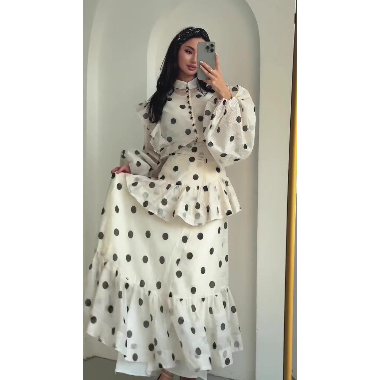 HS6732 Vintage Polka Dot Co-ord Set Puff Sleeve Blouse & Long Ruffle Skirt Outfit