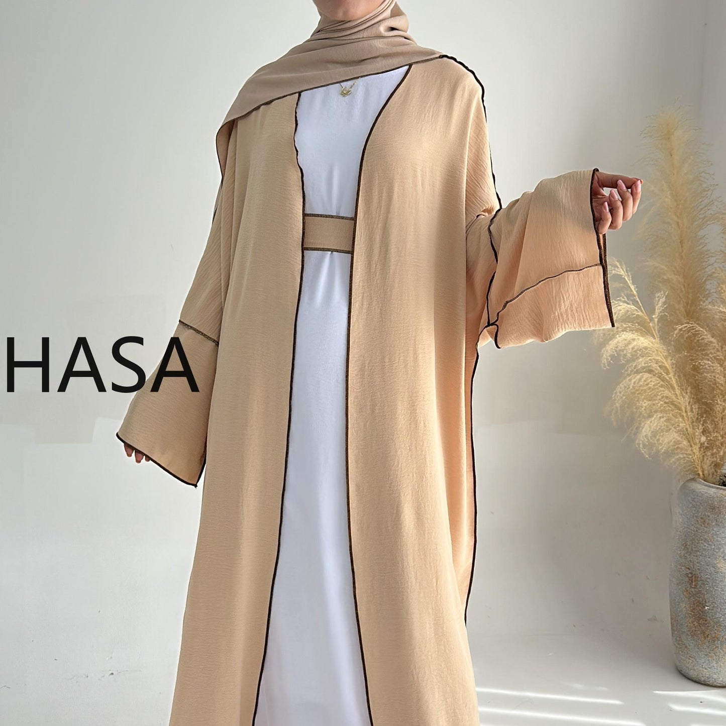 HASA HA1246H 2 PCS SET Crepe Solid Color Loose Hem Cardigan Robe with Hijab