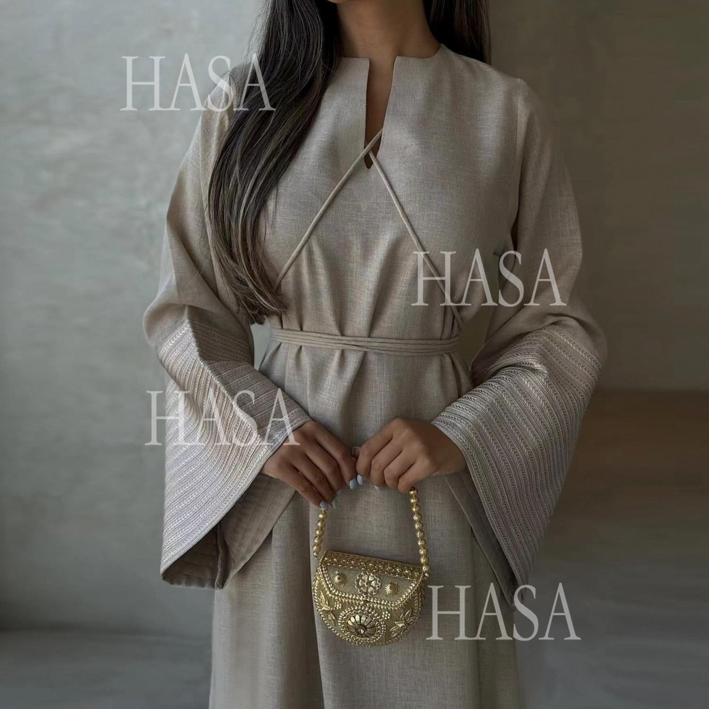 HA6490 Embroidered Panel Sleeve Long Dress