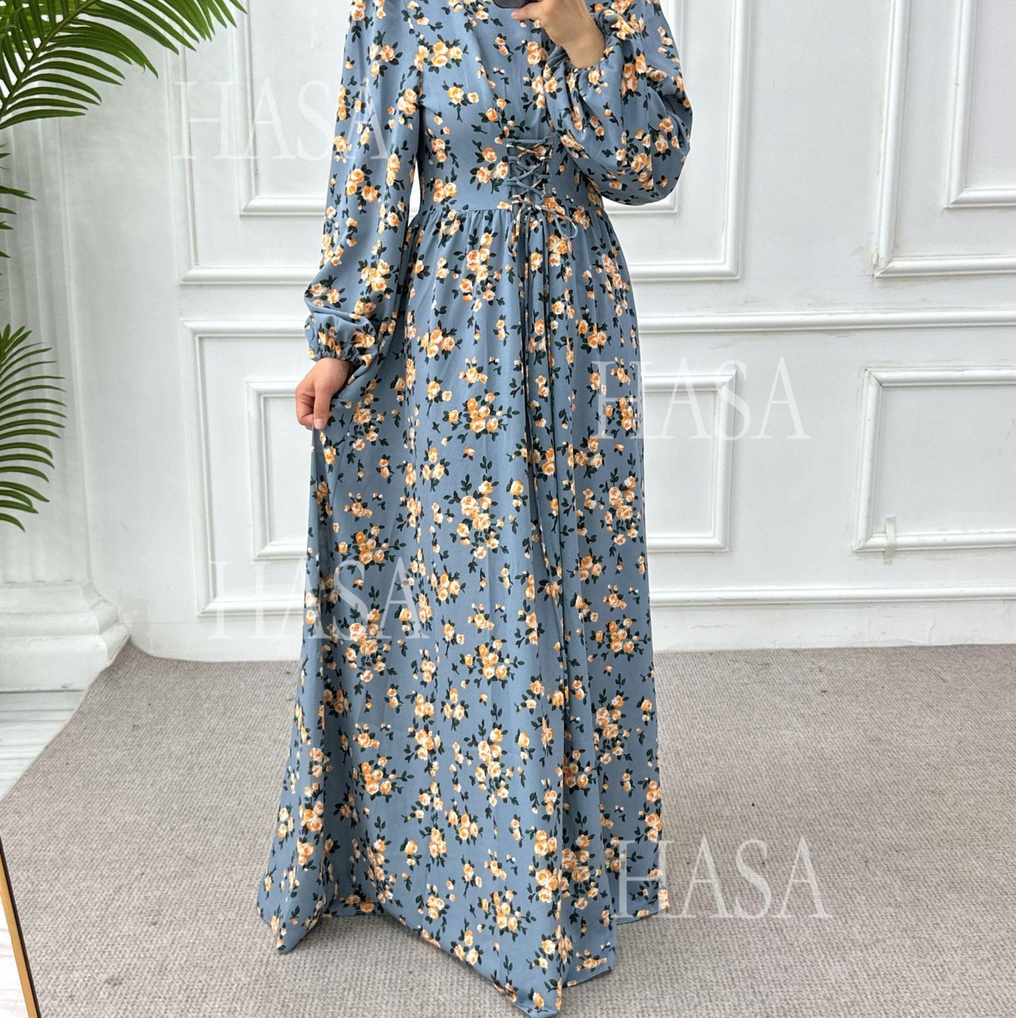 HA6489 Long-sleeved Floral Maxi Dress with Natural Waist