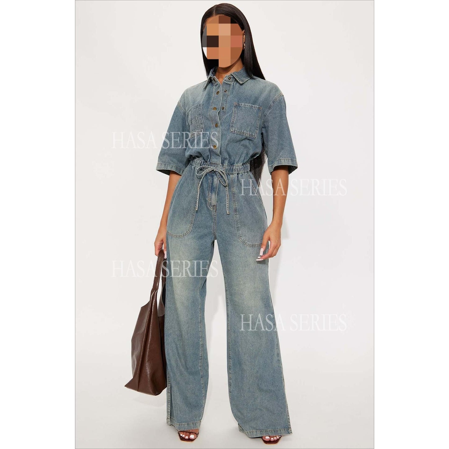 HASASERIES HS6686 Washed Denim Slim-fit Flared Jumpsuit