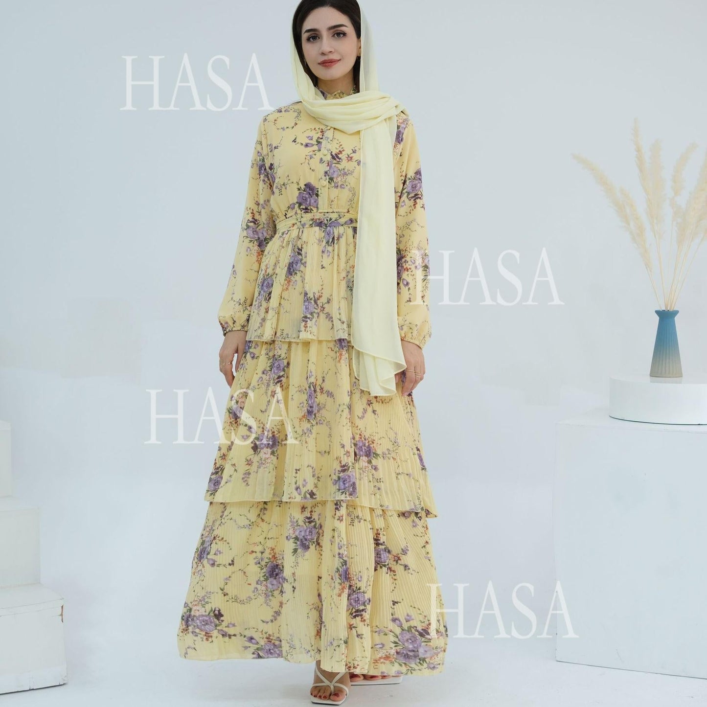 HA6500  Romantic Layered Print Long Dress