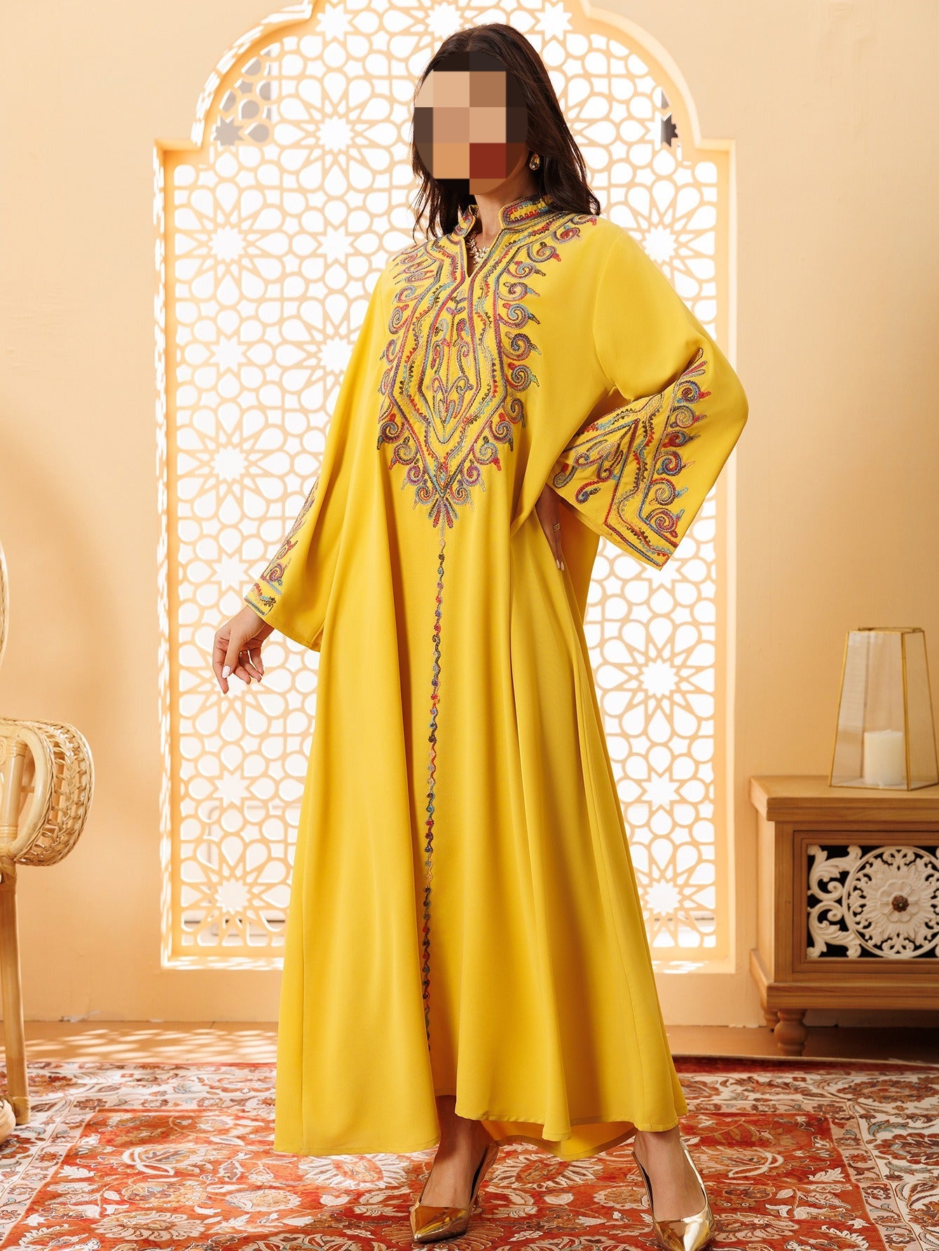 HA6669 Pullover Embroidered Robe Dress with Simple Long Sleeves