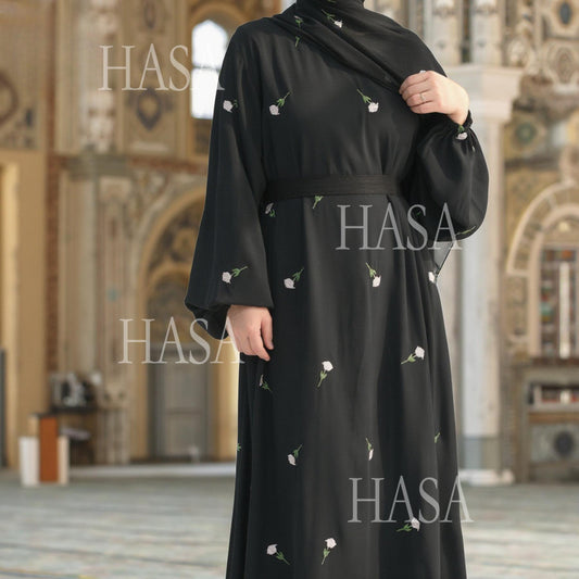 HA5871 Flower Embroidered Two-piece Dress | Elegant Swing + Belt Design