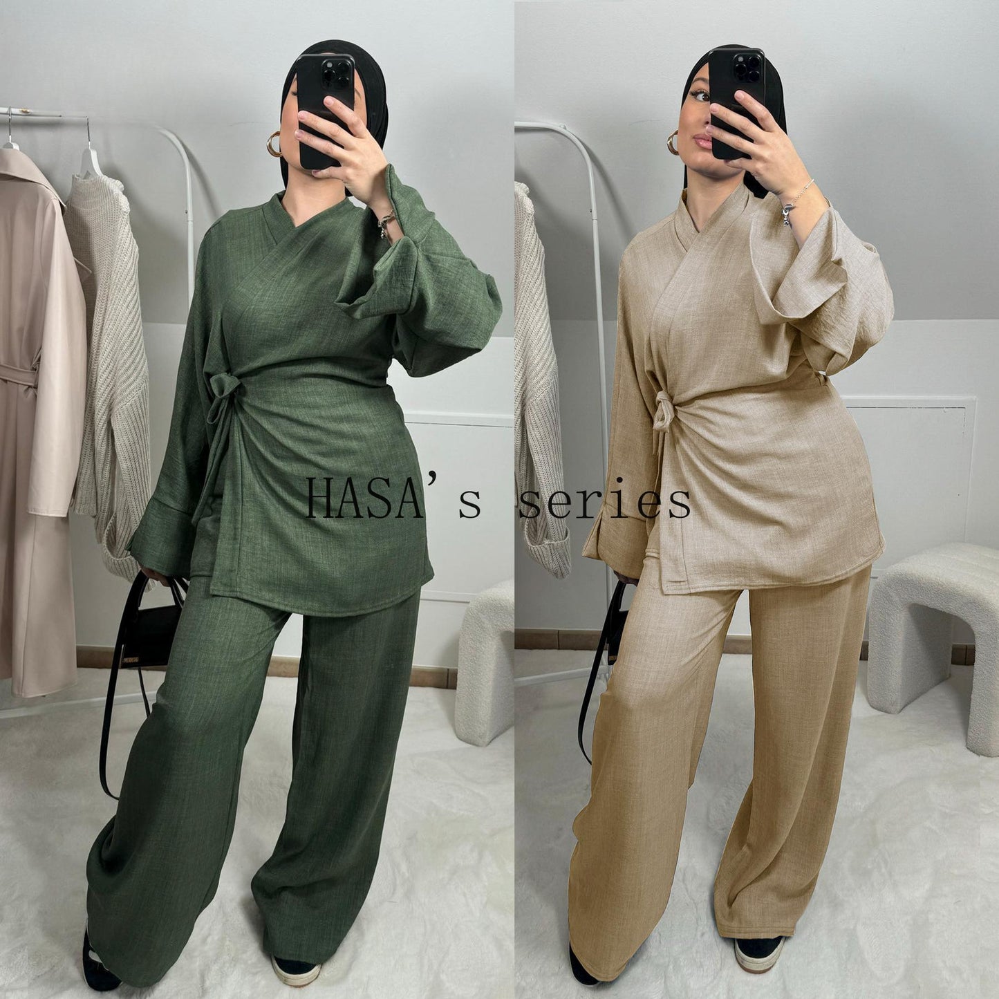 HS4830 A Simple, Tie-front Top Paired with Wide-leg Pants – A Comfortable Two-piece Set Suitable for Everyday Wear.