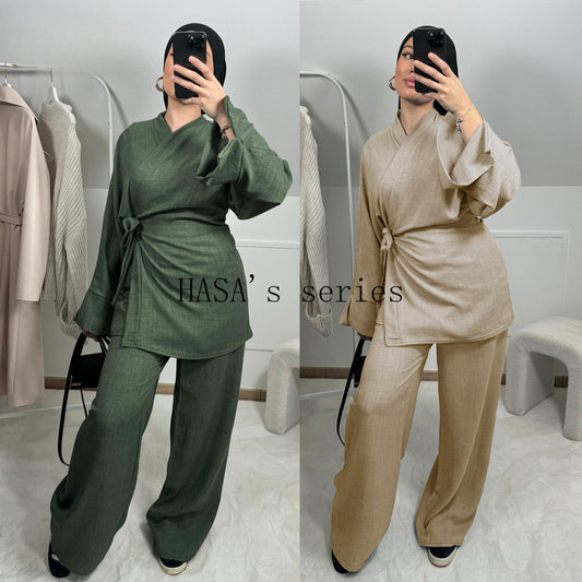 HS4830 A Simple, Tie-front Top Paired with Wide-leg Pants – A Comfortable Two-piece Set Suitable for Everyday Wear.