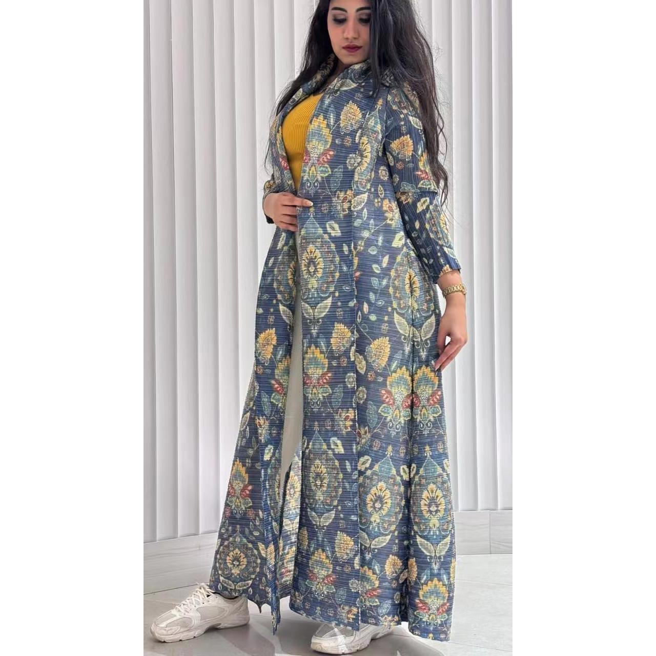 HS6708 Botanical Elegance , Teal Floral Kimono-Style Abaya