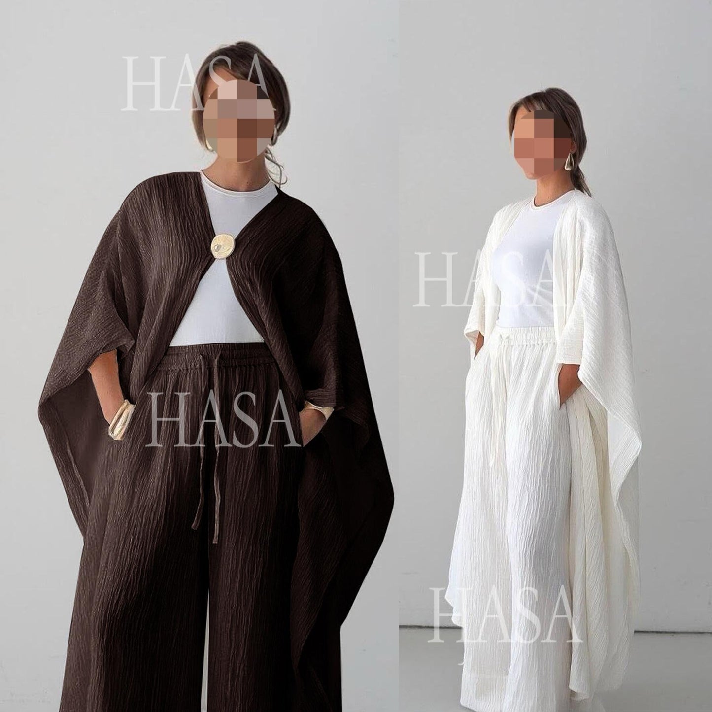 HA6486 Simple Cardigan with Wide-leg Pants, Solid Color Daily Two-piece Suit