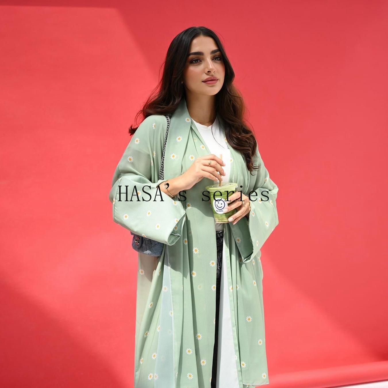 HS5104 Fresh and stylish printed loose-fitting cardigan, a long-sleeved, flowing long coat.