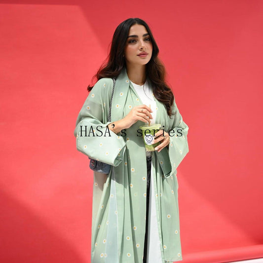 HS5104 Fresh and stylish printed loose-fitting cardigan, a long-sleeved, flowing long coat.