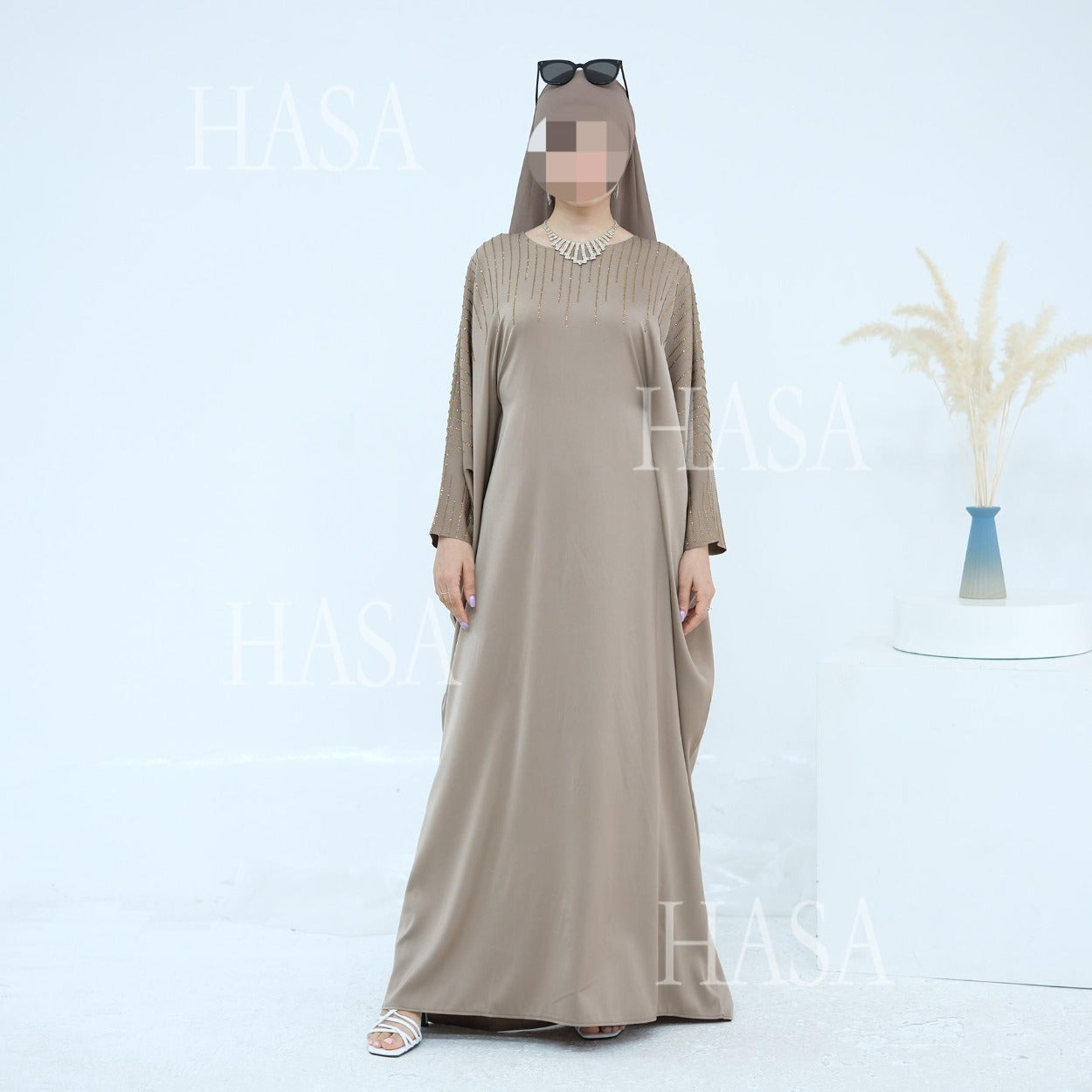 HA6610 Rhinestone-embellished long Abaya dress (headscarf not included)