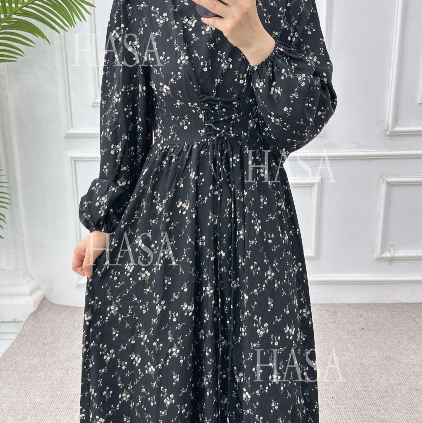 HA6489 Long-sleeved Floral Maxi Dress with Natural Waist