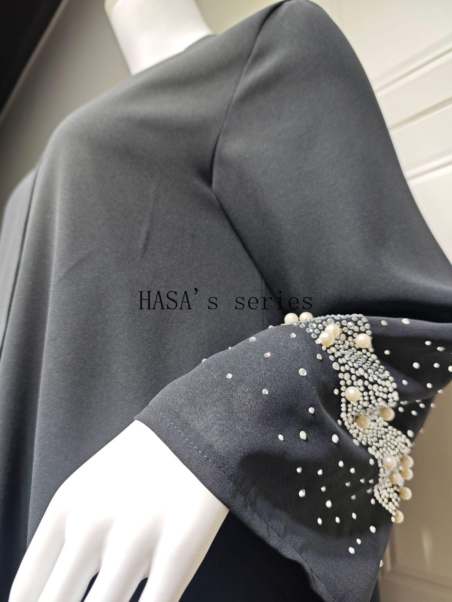 HS5097 Elegant Black Rhinestone-embellished Gown, Two-piece Beaded Set with Headscarf.
