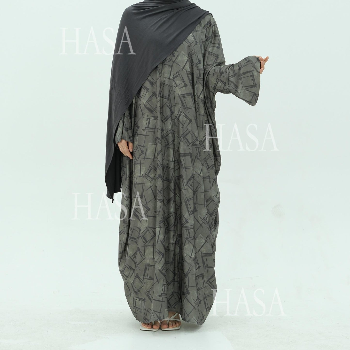 HA6504 Grey geometric print long cardigan Abaya (headscarf not included)