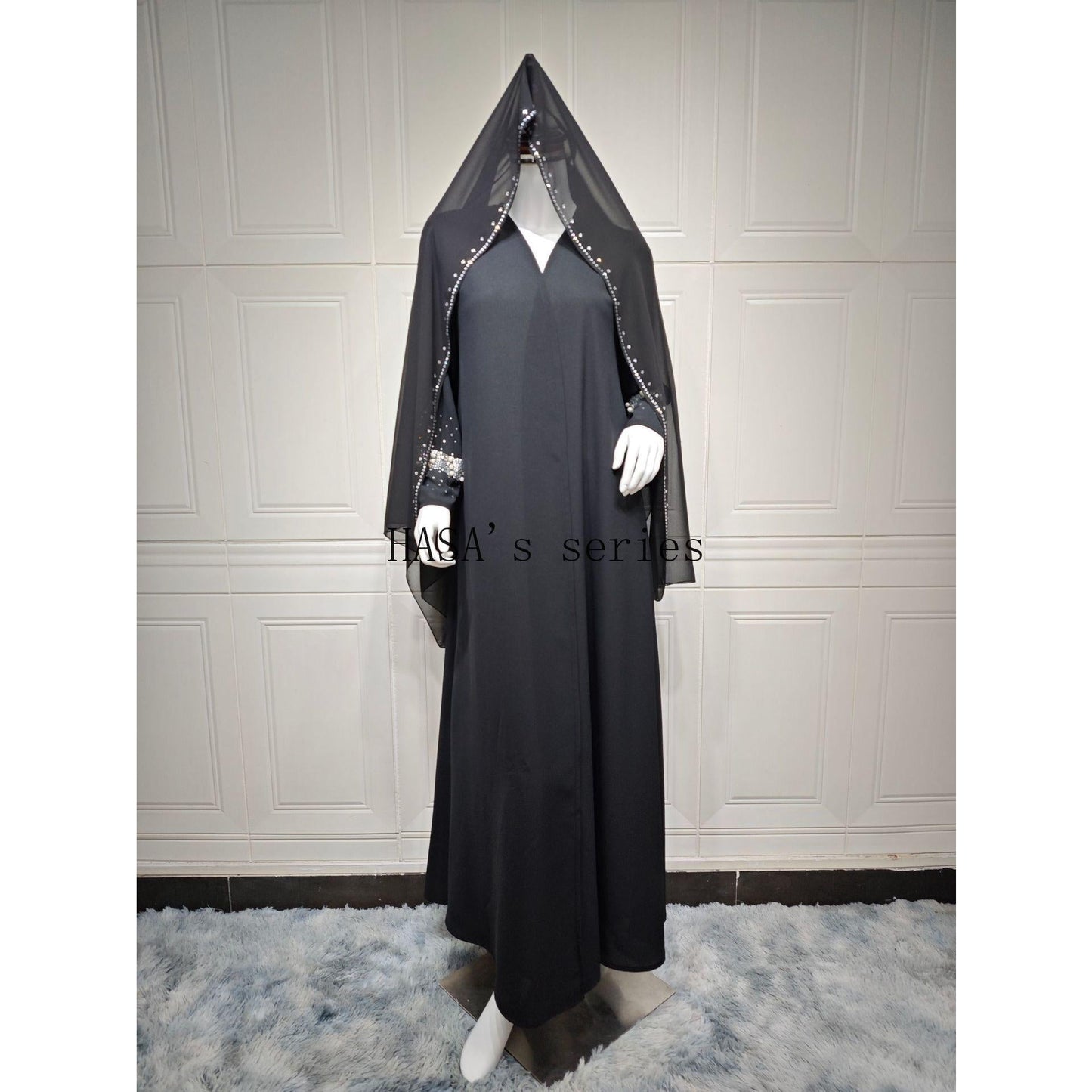 HS5097 Elegant Black Rhinestone-embellished Gown, Two-piece Beaded Set with Headscarf.