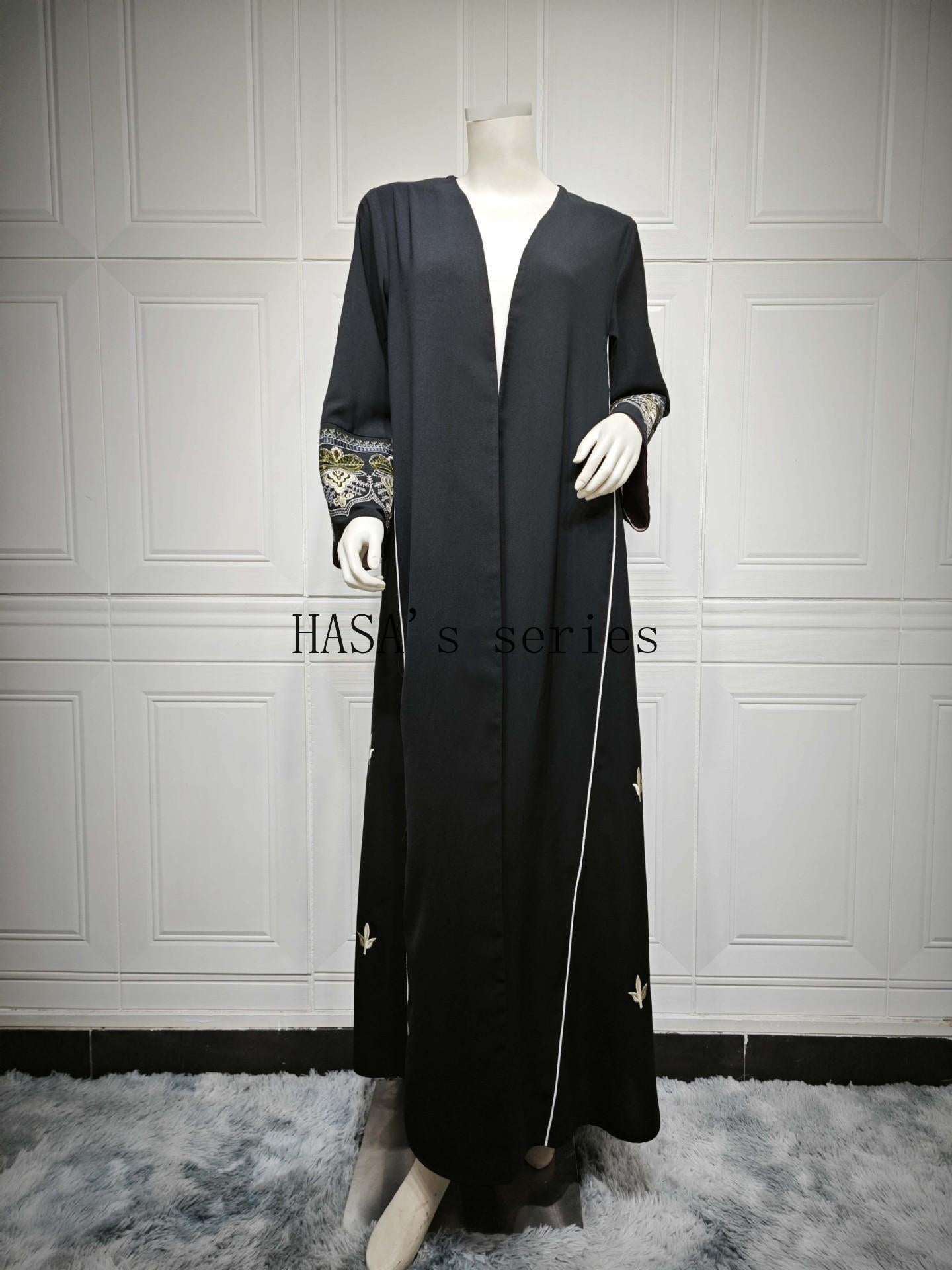 HS5090 Classic black embroidered patchwork robe, designed as a loose, open-front dress.