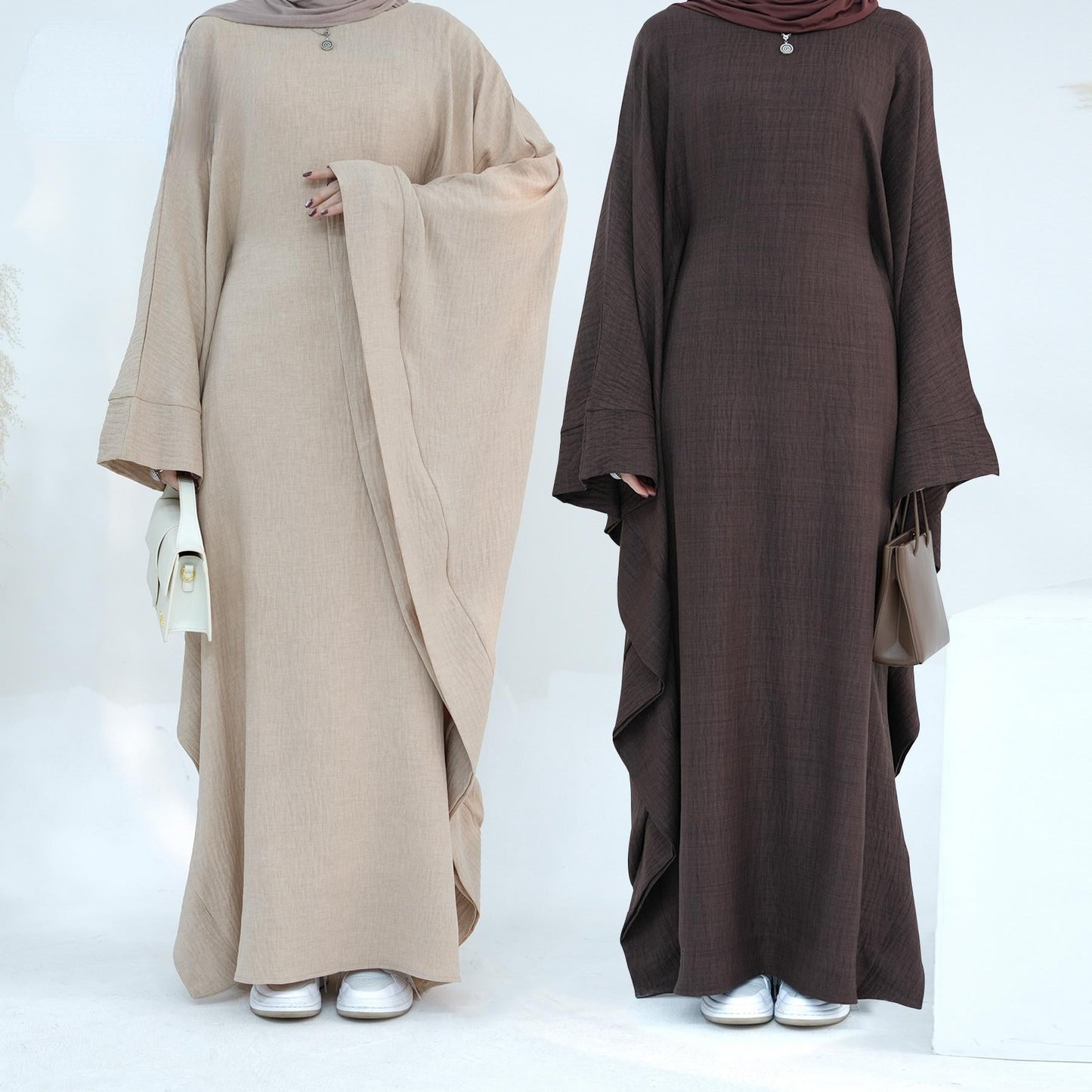 HAYA HA1177 Waist Raging Bat Sleeves Dress Crepe Kaftan with Built-in Belt