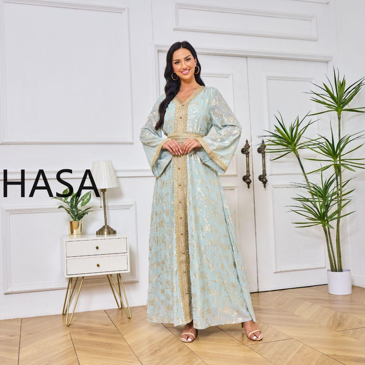 HA1249 Elegant Floral Abaya with Golden Detailing