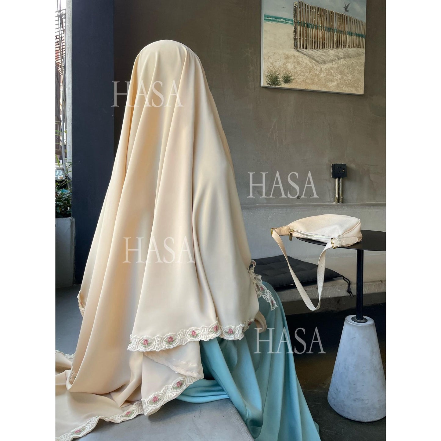 HA6569 Bow-decorated Solid Color Single-layer Headscarf with Three-layer Embroidery