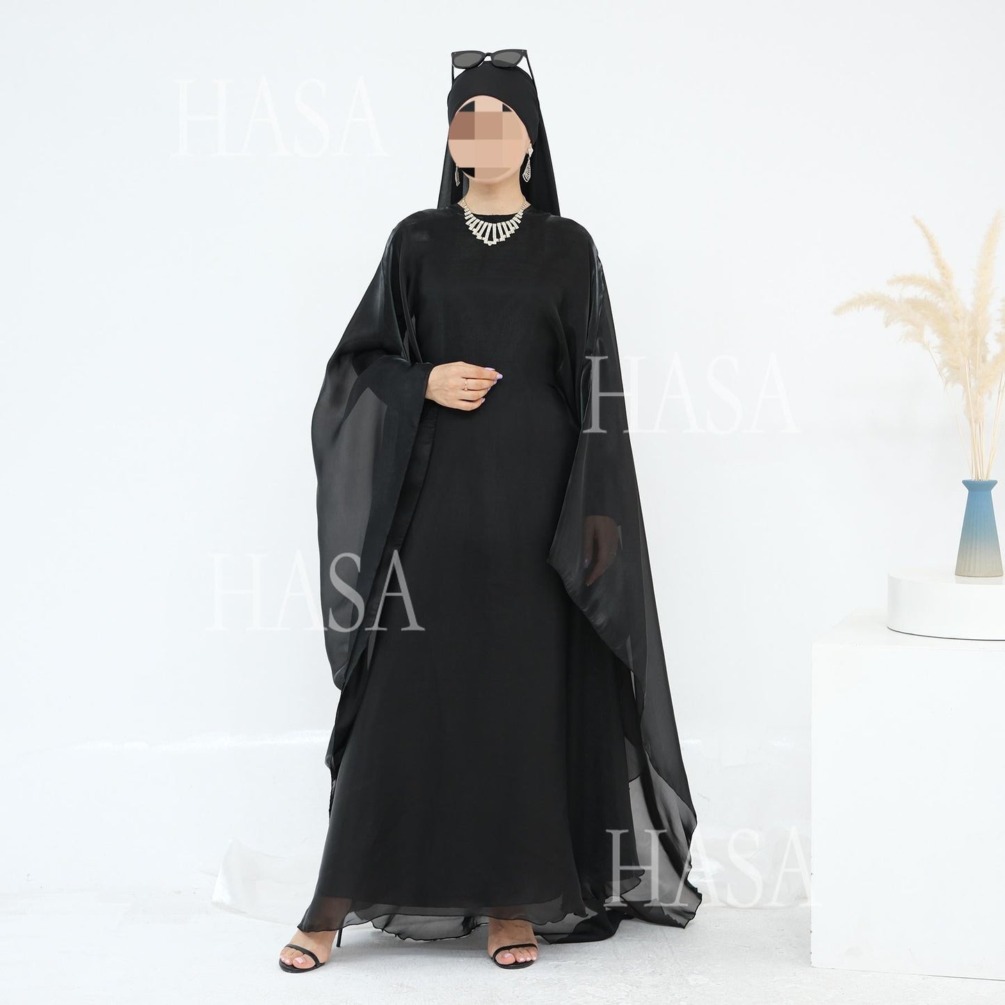 HA6524 Elegant two-piece solid-color robe and dress with optional headscarf
