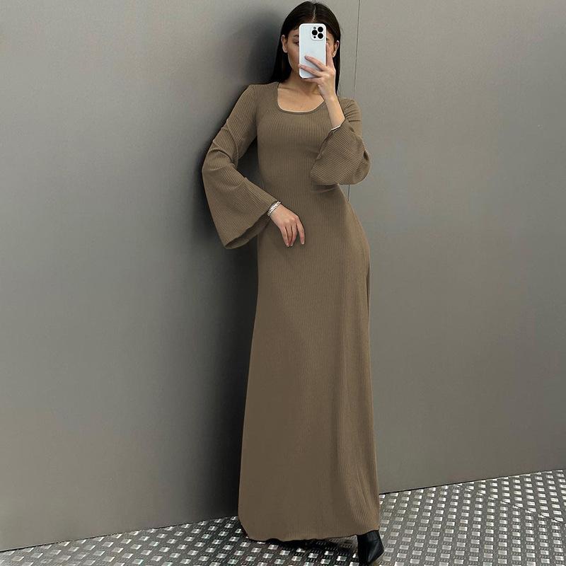 HAYA HAYA0676 Flared Long Sleeved High Waist Maxi Skirt with Lace-up Back