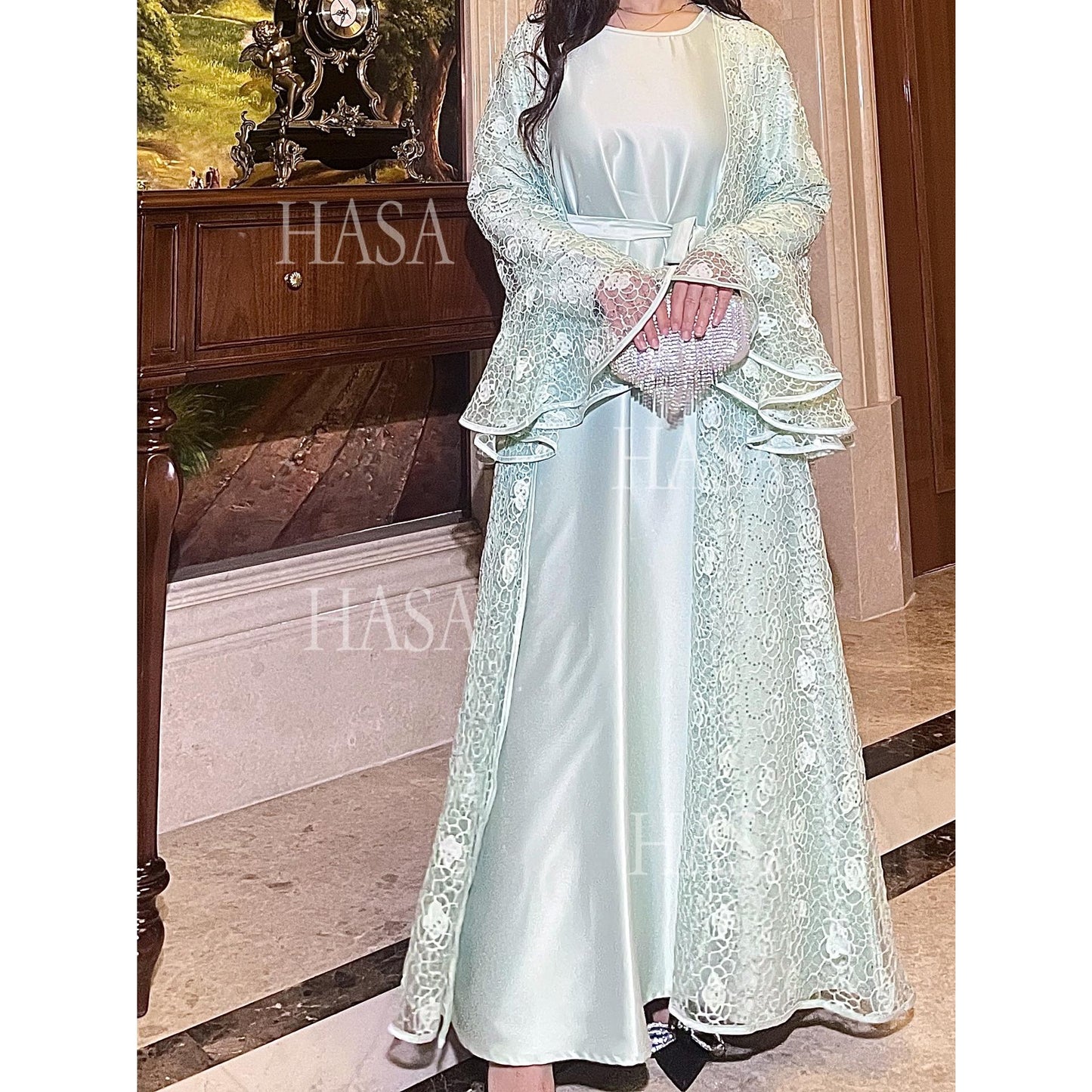 HA6488 Two-piece long dress with flared sleeves and lace sequined cape