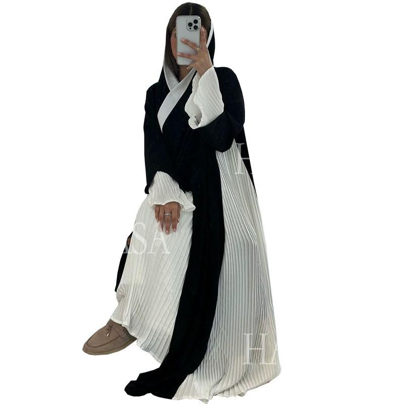 HA6567 Abaya Long Cardigan Coat with Pleated Panels