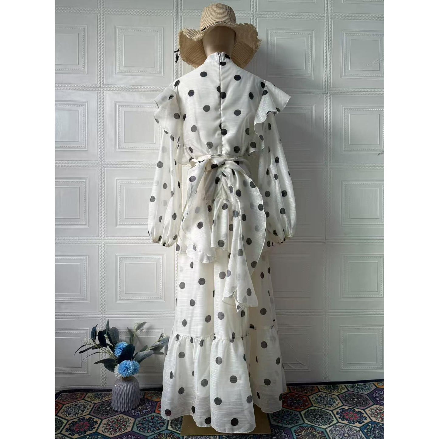 HS6732 Vintage Polka Dot Co-ord Set Puff Sleeve Blouse & Long Ruffle Skirt Outfit
