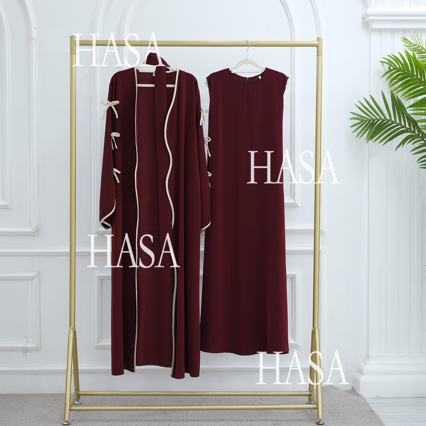 HA5883  A Two-piece Robe and Skirt Set with A Soft Bow and A Belt Design open abaya outfit