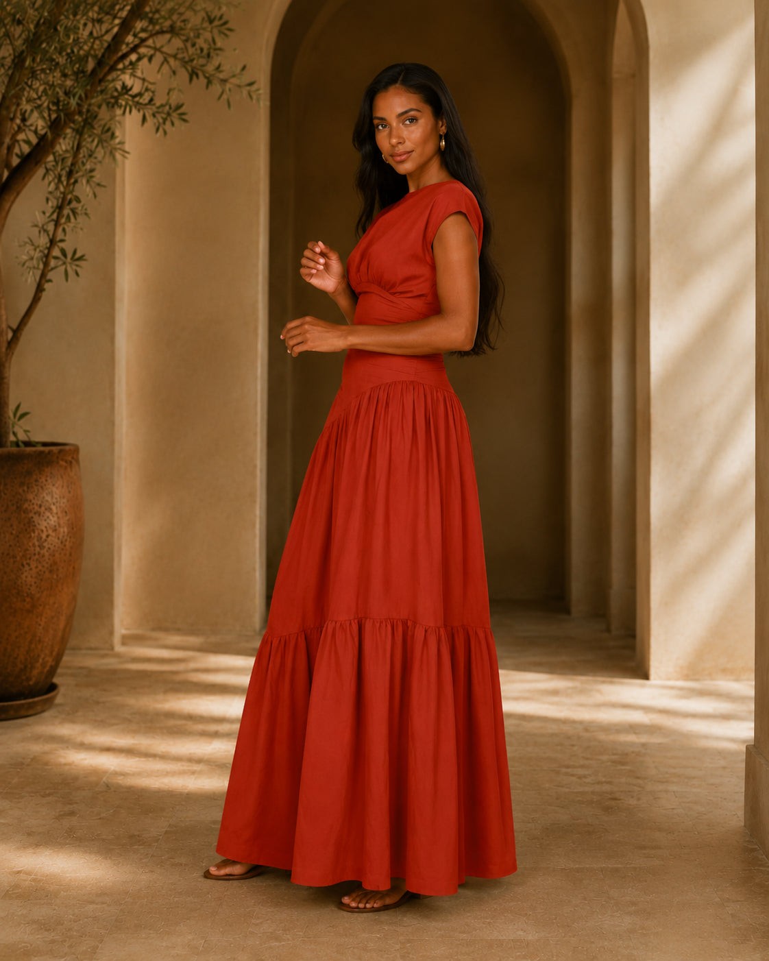 HA1641 Women's Sleeveless Pleated Loose Fit Maxi Dress