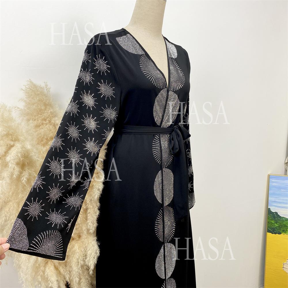 HA6588 Black Cardigan Dress with Rhinestone Embellishment and Pockets