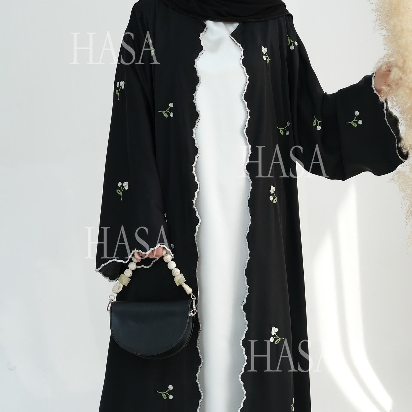 HA6472 Longline Cardigan with Delicate Floral Details and Curved Edging