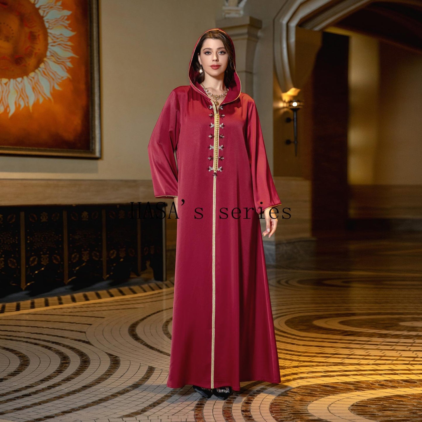 HASA's Series  HA1231 Jeweled Ribbon Satin Home Dress Abaya