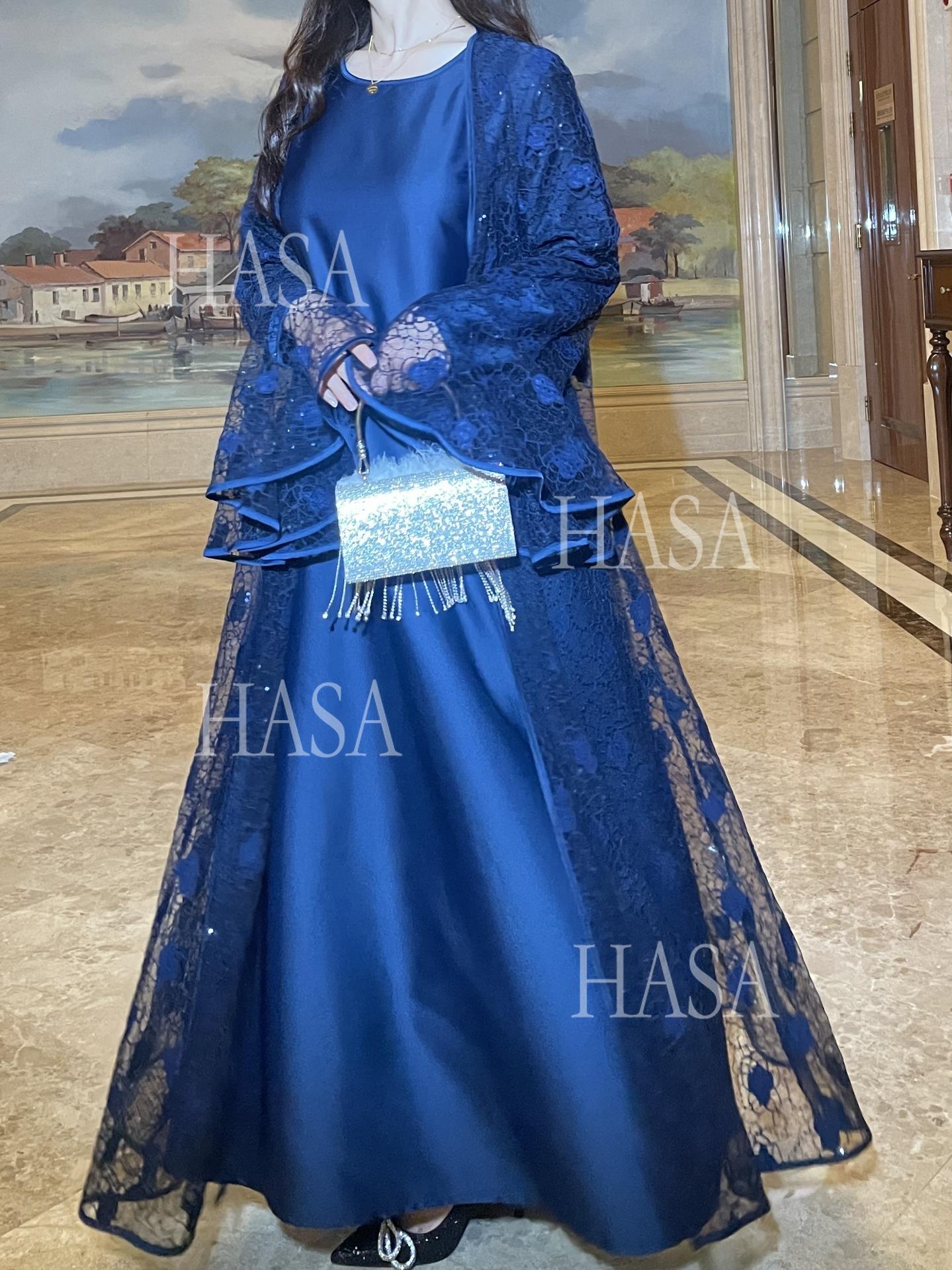 HA6488 Two-piece long dress with flared sleeves and lace sequined cape