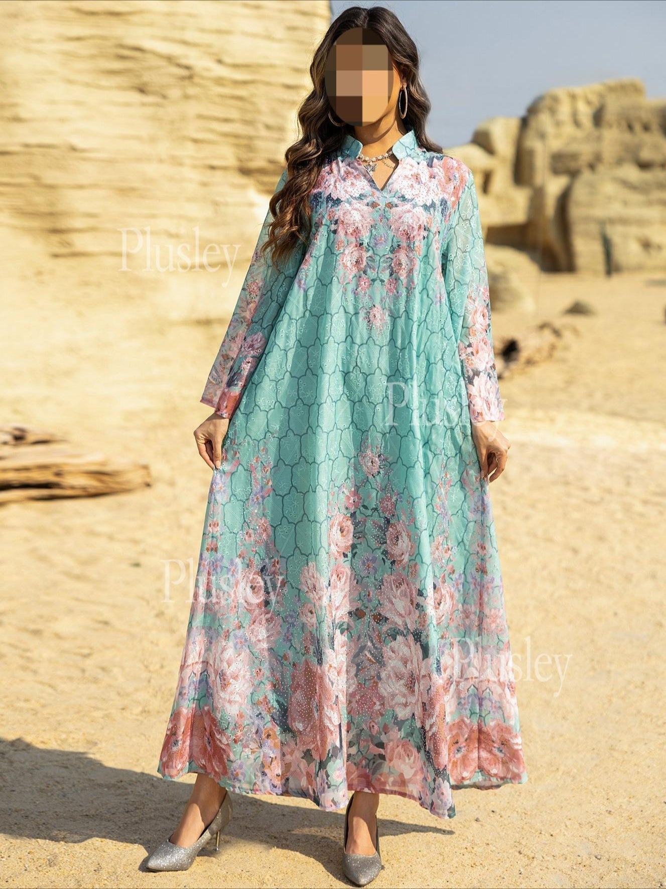 HA6636 Floral Print Embroidered Long Dress