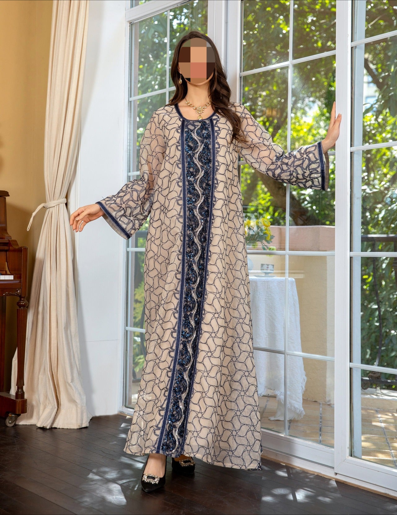 HA6668 A Simple and Elegant Long Dress Adorned with Mesh Embroidery.