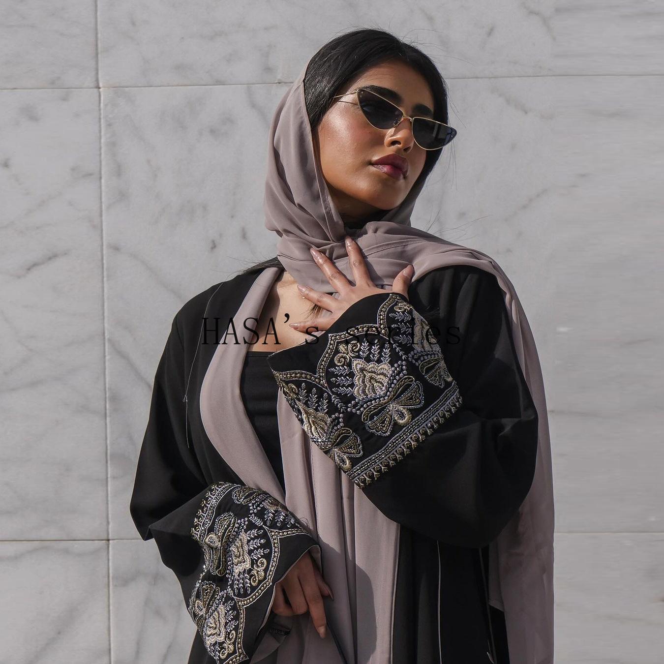 HS5090 Classic black embroidered patchwork robe, designed as a loose, open-front dress.