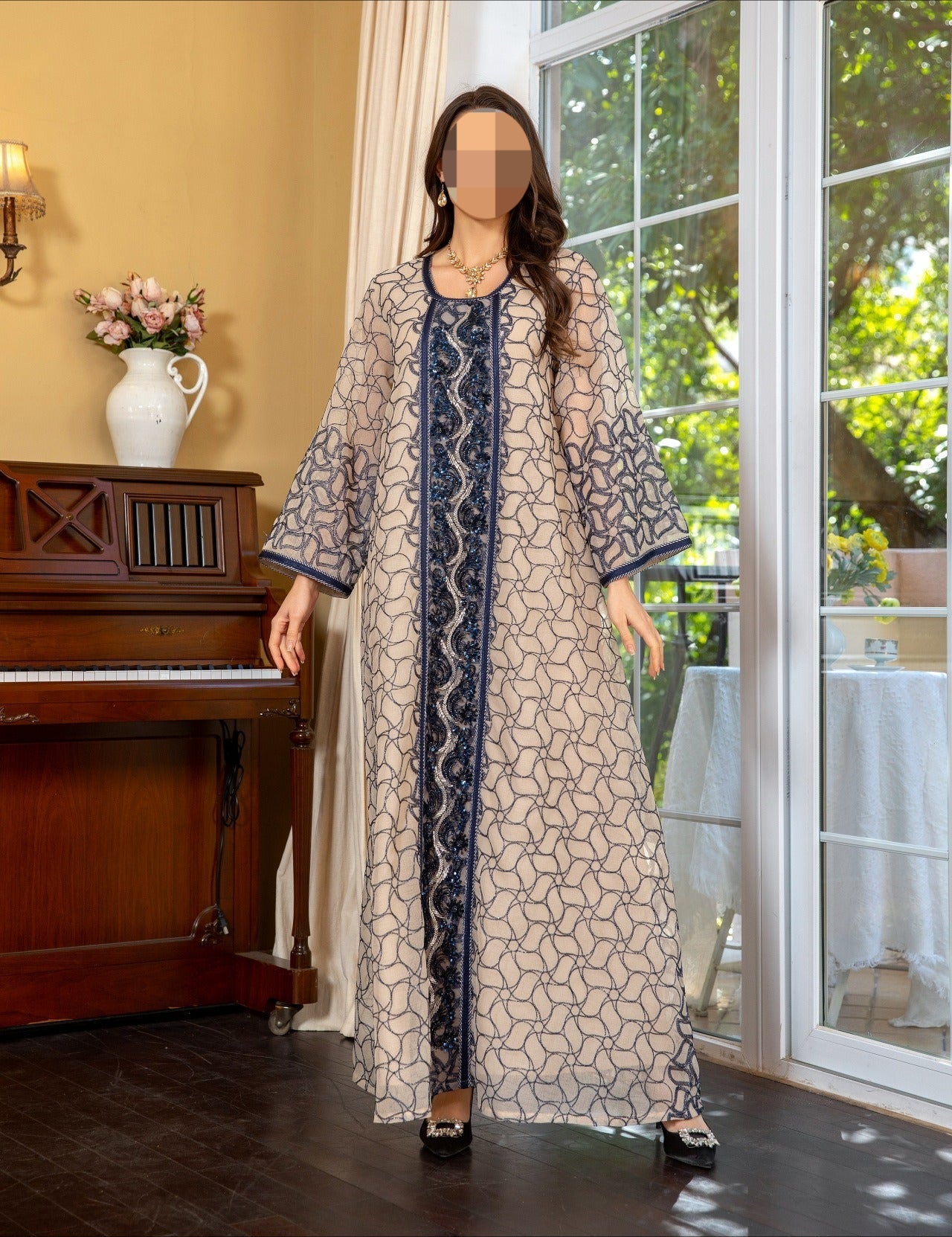 HA6668 A Simple and Elegant Long Dress Adorned with Mesh Embroidery.