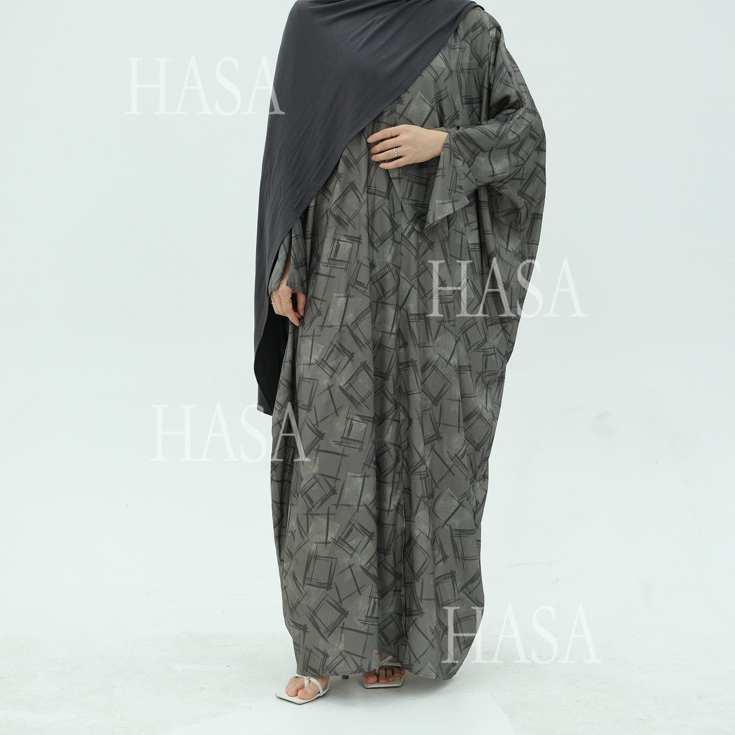HA6504 Grey geometric print long cardigan Abaya (headscarf not included)