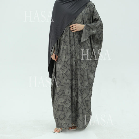 HA6504 Grey geometric print long cardigan Abaya (headscarf not included)