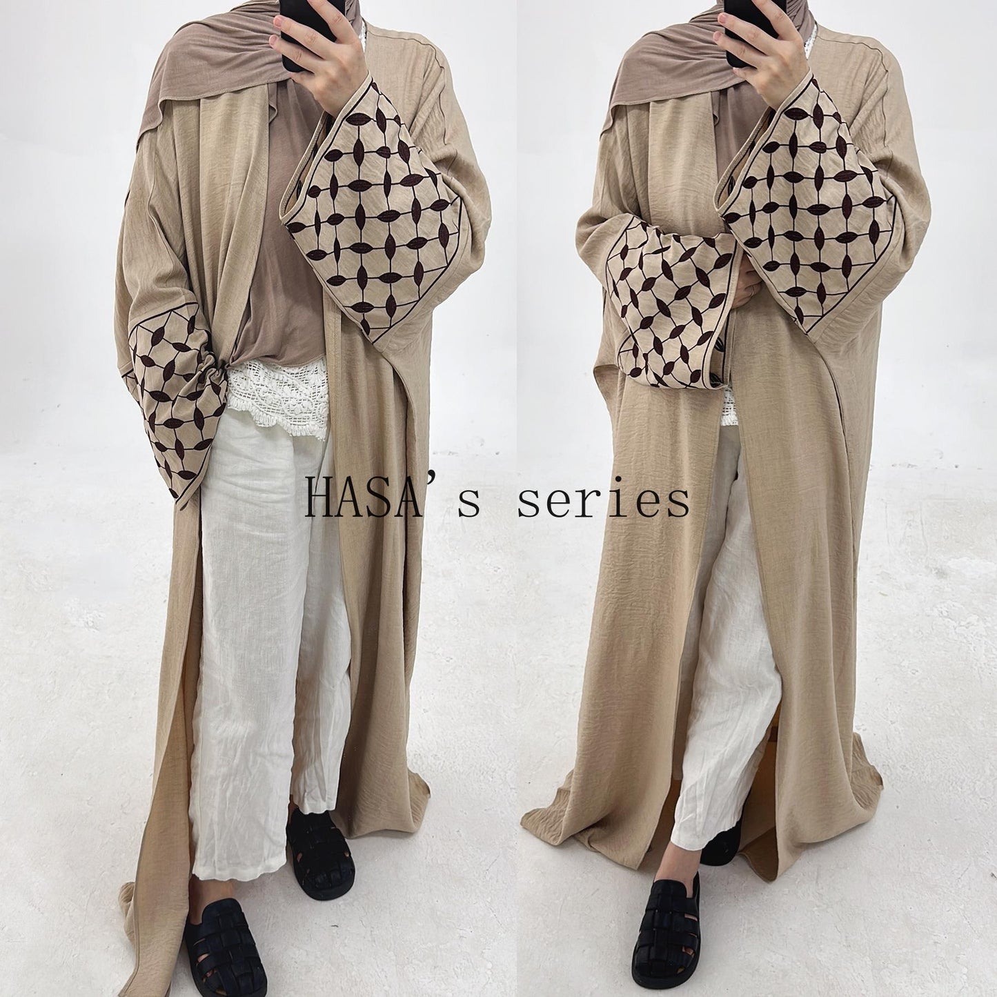 HS4840 Elegant long robe with geometric embroidery, a simple and traditional style dress.