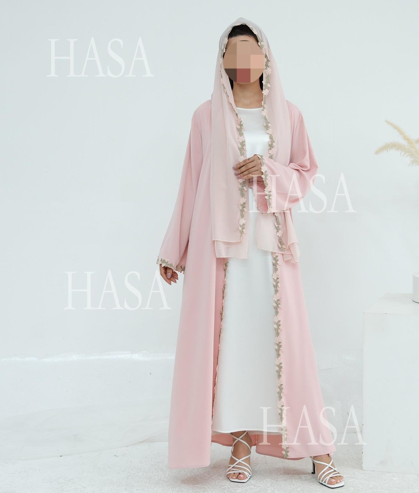 HA6618 Pink Flower Stitching Cardigan Two-Piece Set (Including Headscarf)