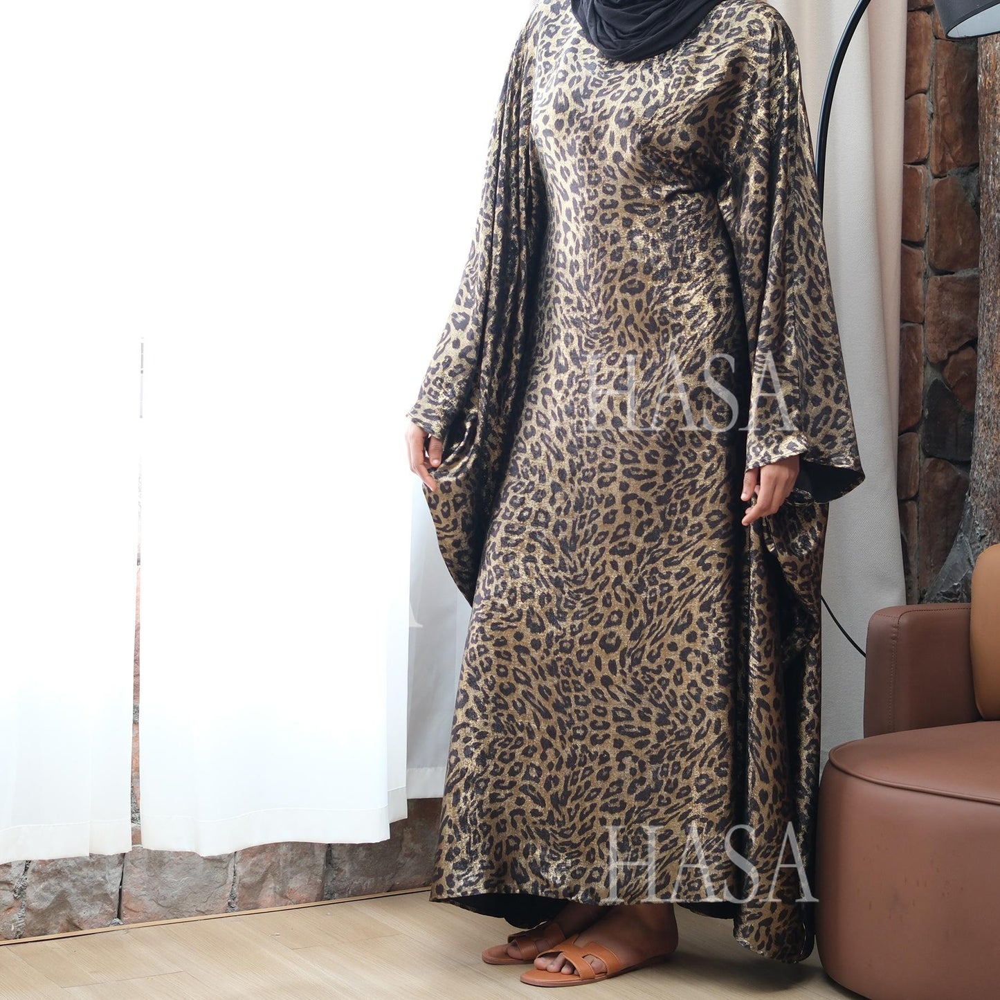 HA6469 Flowing Batwing Sleeve Leopard Maxi Dress (without Headscarf)